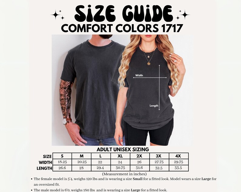 K&ouml;nnte beinhalten: Gr&ouml;&szlig;entabelle f&uuml;r Comfort Colors 1717 Unisex-T-Shirts f&uuml;r Erwachsene. Das Bild zeigt eine Gr&ouml;&szlig;entabelle mit Ma&szlig;en in Zoll (umgerechnet in cm) f&uuml;r die Gr&ouml;&szlig;en S bis 4XL. Die Tabelle enth&auml;lt Breiten- und L&auml;ngenma&szlig;e. Der Text enth&auml;lt auch Informationen &uuml;ber die Modelle und die Gr&ouml;&szlig;en, die sie tragen.