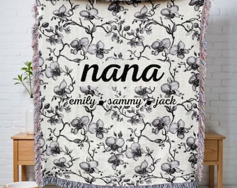 Personalized Grandma Woven Blanket With Grandkids Names Blue Chinoiserie Floral Throw For Grandmother Custom Gift For Mom Nana Birthday Gift