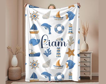 Personalized Ocean Baby Blanket, Custom Name Throw For Boys, Nautical Sea Animals Blanket Gift For Kids, Baby Shower Or Birthday Idea