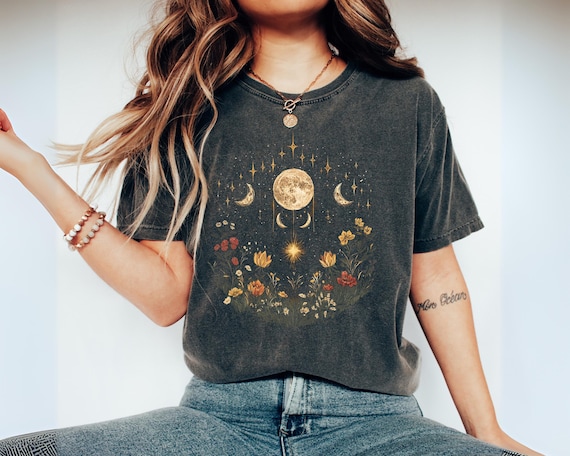 Mystic Moon And Flower Shirt,Mystical Moon Phase Shirt, Boho Vintage Moon Stars Moon Shirt,Celestial Moon Shirt,Spiritual Shirt,Witchy shirt