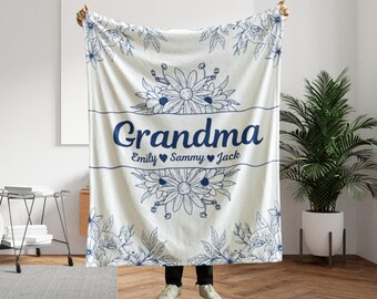 Personalized Grandma Blanket With Grandkids Names, Pink Floral Velveteen Or Sherpa Fleece Throw, Custom Gift For Mom, Birthday Gift Nana