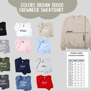 K&ouml;nnte beinhalten: Verschiedene Gildan 18000 Crewneck-Sweatshirts in Farben wie Schwarz, Wei&szlig;, Sand und Hellblau. Das Bild zeigt eine Gr&ouml;&szlig;entabelle mit Ma&szlig;en in Zoll und den Text "COLORS GILDAN 18000 CREWNECK SWEATSHIRT".
