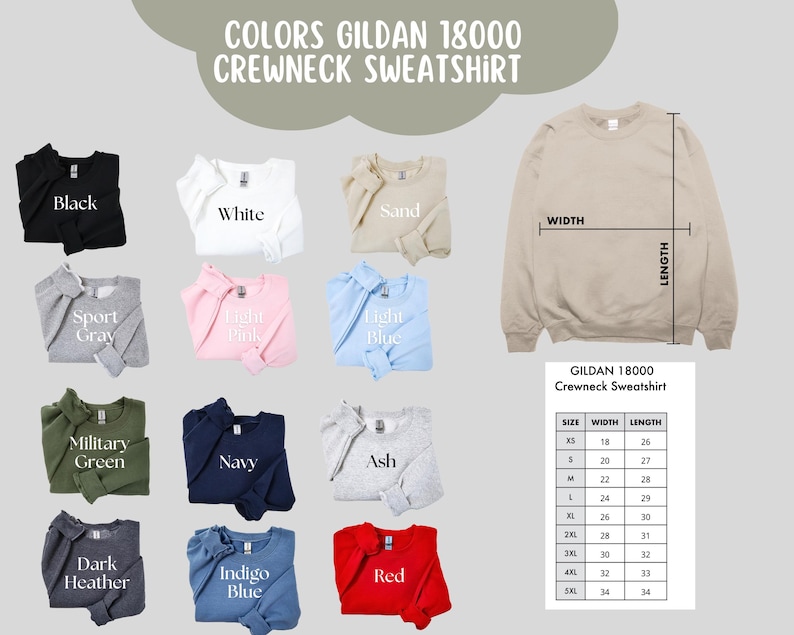 K&ouml;nnte beinhalten: Verschiedene Gildan 18000 Crewneck-Sweatshirts in Farben wie Schwarz, Wei&szlig;, Sand und Hellblau. Das Bild zeigt eine Gr&ouml;&szlig;entabelle mit Ma&szlig;en in Zoll und den Text "COLORS GILDAN 18000 CREWNECK SWEATSHIRT".
