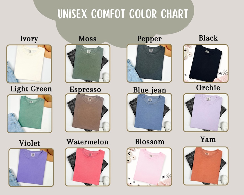 K&ouml;nnte beinhalten: Eine Farbkarte zeigt T-Shirts in verschiedenen Farben, darunter Elfenbein, Moos, Pfeffer und Schwarz. Weitere Farben sind Hellgr&uuml;n, Espresso, Blue Jean, Orchie, Violett, Wassermelone, Blossom und Yam. Der Text "UNISEX COMFOT COLOR CHART" steht oben.