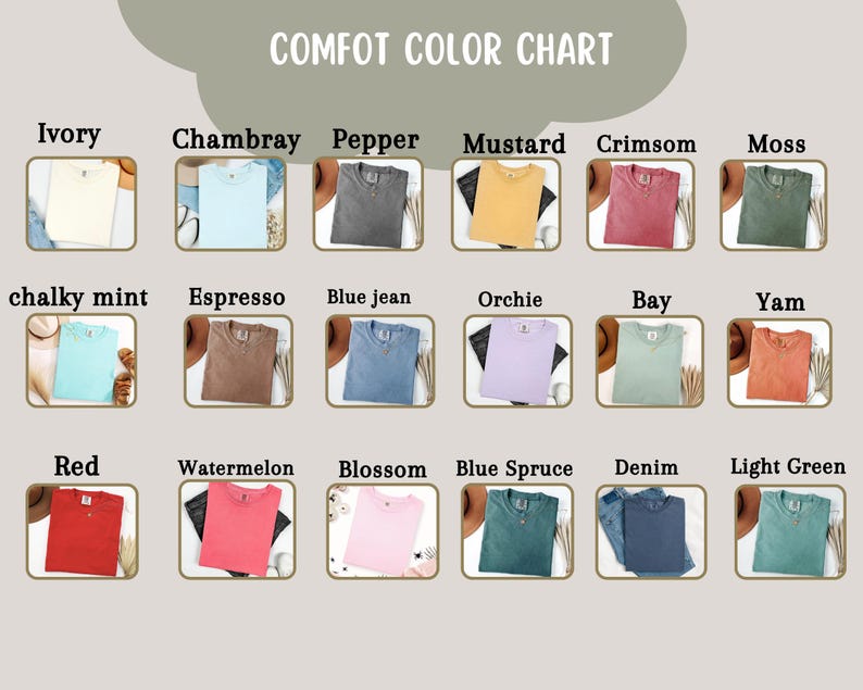 Może przedstawiać: Karta kolor&oacute;w prezentująca r&oacute;żne kolory koszulek, w tym Ivory, Chambray, Pepper, Mustard, Crimson, Moss, Chalky Mint, Espresso, Blue Jean, Orchie, Bay, Yam, Red, Watermelon, Blossom, Blue Spruce, Denim i Light Green.