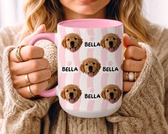 Personalized Pet Photo Mug, Custom Dog Cat Face Coffee Cup Striped Design