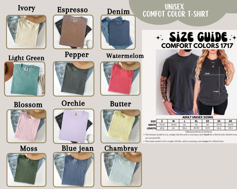 May include: A product image showcasing a variety of unisex Comfort Colors T-shirts in various colors, including Ivory, Espresso, Denim, Light Green, Pepper, Watermelon, Blossom, Orchie, Butter, Moss, Blue Jean, and Chambray. A size guide is also included.
