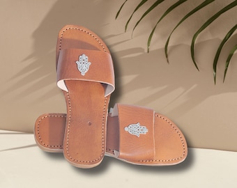 Women’s Leather Sandals, Hamsa Evil Eye, Open-toe Flats With Real Leather in Brown | Comfortable Sandals for Women