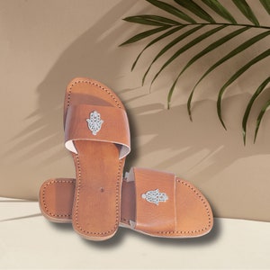 Women’s Leather Sandals, Hamsa Evil Eye, Open-toe Flats With Real Leather in Brown | Comfortable Sandals for Women