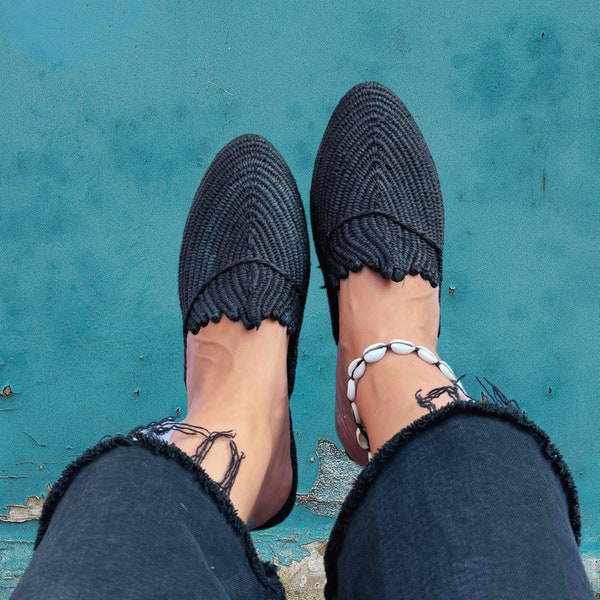 Black Raffia Sandals, Black Mules, Handmade Moroccan Slippers, Boho Sandals | Mules Shoes for Women