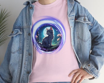 Anime Black Cat in Mystical Forest with Spiral Galaxy Shirt Under Midnight Moon Pink Floral Cosmic Adventure Unisex Heavy Cotton Tee