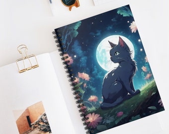 Anime Black Cat Under Full Moon Moonlight with Pink Florals - Midnight Fantasy Adventures Spiral Notebook - Ruled Line Journal Diary Drawing