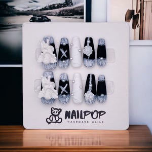 Twin Seraphs - Hand Painted Press On Nails Glue On, False Gel Press-on, 3D Acrylic Nail Cute Gift for Her, Long Ballerina