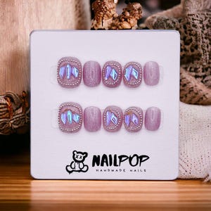 Moonlit Lavender - Hand Painted Press On Nails Glue On, False Gel Press-on, 3D Acrylic Nail Cute Gift for Her, Round