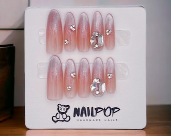 Glimmering Opal - Hand Painted Press On Nails Glue On, False Gel Press-on, 3D Acrylic Nail Cute Gift for Her, Stiletto