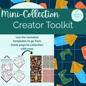 Puede incluir: Gr&aacute;fico turquesa con el texto "Mini-Collection Creator Toolkit" y "Utilice las plantillas incluidas para pasar de una p&aacute;gina en blanco a una colecci&oacute;n con facilidad." Incluye plantillas de patrones.