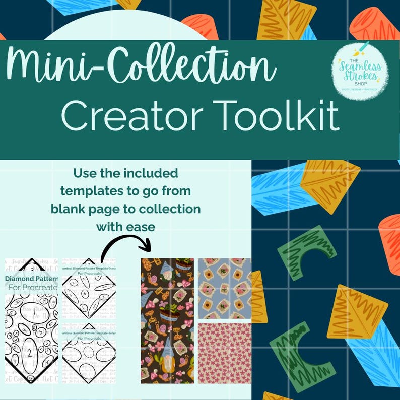 Puede incluir: Gr&aacute;fico turquesa con el texto "Mini-Collection Creator Toolkit" y "Utilice las plantillas incluidas para pasar de una p&aacute;gina en blanco a una colecci&oacute;n con facilidad." Incluye plantillas de patrones.