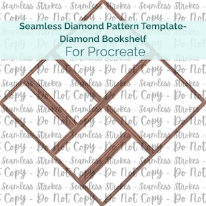 Puede incluir: Una plantilla de estantería de diamantes para Procreate, con un patrón repetitivo de diamantes en marrón sobre un fondo blanco. El diseño incluye el texto "Seamless Diamond Pattern Template". La estética general es limpia y geométrica.