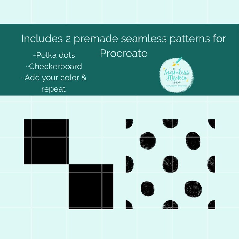 Puede incluir: Dise&ntilde;o de arte digital con dos patrones sin costuras para Procreate: lunares y tablero de ajedrez. Los patrones son negros sobre un fondo azul claro. El texto incluye "A&ntilde;ade tu color y repite" y el logotipo de "The Seamless Strokes Shop."