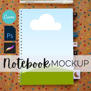 May include: A spiral-bound notebook mockup with a sky and cloud design. The notebook has a white cloud on a light blue background, with a green landscape at the bottom. The words "Notebook MOCKUP" are written across the bottom.