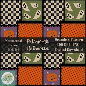 Spooky patchwork seamless PNG, Checkered trendy ghost and pumpkin pattern, Polka dot design for fabric, sublimation, and digital paper