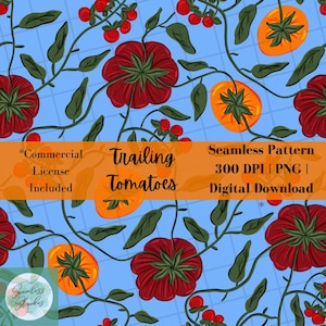 Puede incluir: Patrón digital sin costuras con tomates rojos y naranjas, hojas verdes y pequeñas bayas rojas sobre un fondo de cuadrícula azul claro. Se incluye el texto "Trailing Tomatoes".