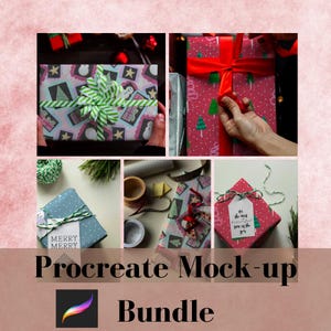 May include: A collage of wrapped gifts with various patterns and ribbons. One gift is wrapped in paper with a snowman and gift design, tied with a green and white striped bow. The text "Procreate Mock-up Bundle" is at the bottom.