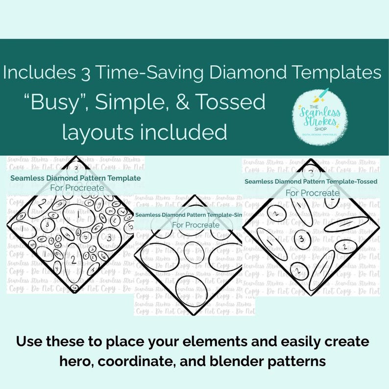 Puede incluir: La imagen muestra tres plantillas en forma de diamante con dise&ntilde;os "Busy", "Simple" y "Tossed" para Procreate. Cada plantilla tiene elementos numerados para el dise&ntilde;o de patrones. El texto anima a crear patrones hero, coordinate y blender.