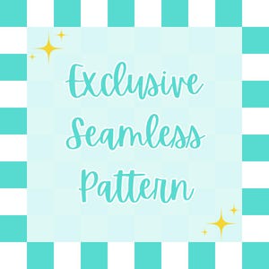 May include: A square image with a light blue and white checkered background, framed by a teal and white striped border. The words "Exclusive Seamless Pattern" are written in teal script. Gold starbursts are in the corners.