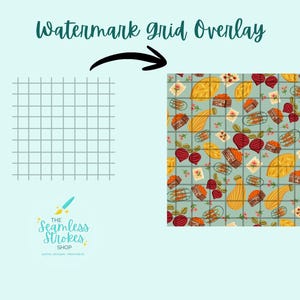 May include: Image shows a watermark grid overlay with a seamless pattern. The pattern features illustrations of food items like beets, bread, and squash on a light blue background. The text "Watermark grid Overlay" is at the top.