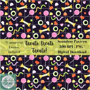 Pastel Halloween treat seamless pattern, hand drawn candy pumpkin design for sublimation, fabric, and decor, purple wallpaper png