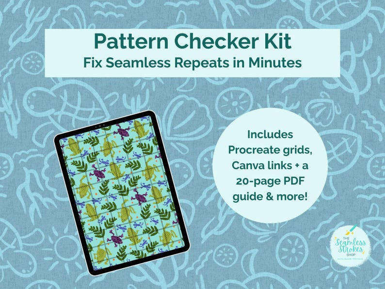 May include: A digital design kit with the text "Pattern Checker Kit" and "Fix Seamless Repeats in Minutes." The image shows a tablet displaying a pattern with frogs and leaves. Includes Procreate grids, Canva links, and a 20-page PDF guide.