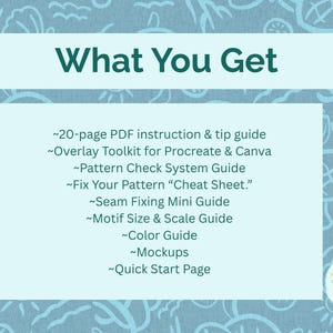 May include: A light blue graphic with the text "What You Get" and a list of included items, such as a 20-page PDF instruction guide, overlay toolkit, pattern check system guide, and more. The Seamless Strokes Shop logo is in the bottom right.