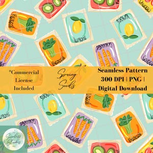 May include: A seamless pattern featuring colorful seed packets with illustrations of various vegetables and fruits, including broccoli, carrots, lemons, and kiwi. The text "Spring Seeds" is featured in a yellow banner at the top of the pattern.