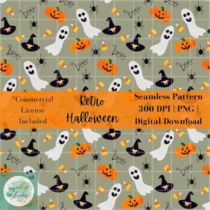 Retro halloween seamless pattern for fabrics, Green background hand drawn pumpkin, ghost, and spider PNG for sublimation, Commercial use