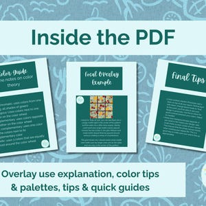 May include: Image of a digital document with the title "Inside the PDF". The document includes color theory notes, a focal overlay example, and final tips. The document is on a light blue background with a floral pattern.