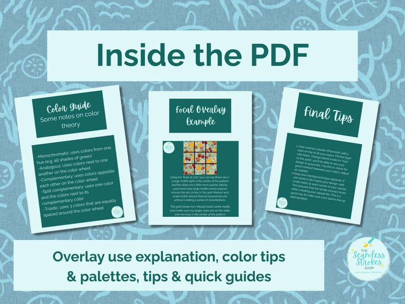 May include: Image of a digital document with the title "Inside the PDF". The document includes color theory notes, a focal overlay example, and final tips. The document is on a light blue background with a floral pattern.