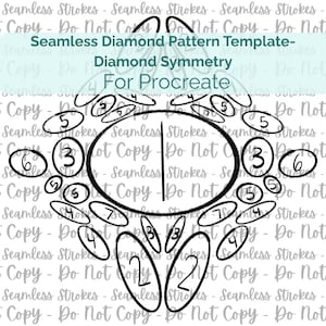 May include: A digital art template for Procreate, featuring a diamond symmetry design. The image includes a central oval shape surrounded by smaller ovals and numbers, all in black on a white background. Text reads "Seamless Diamond Pattern Template - Diamond Symmetry For Procreate."