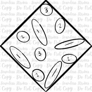 May include: Black and white geometric design featuring a diamond shape with oval shapes inside. Numbers 1, 2, and 3 are inside the ovals. The background text reads "Seamless Strokes - Do Not Copy".