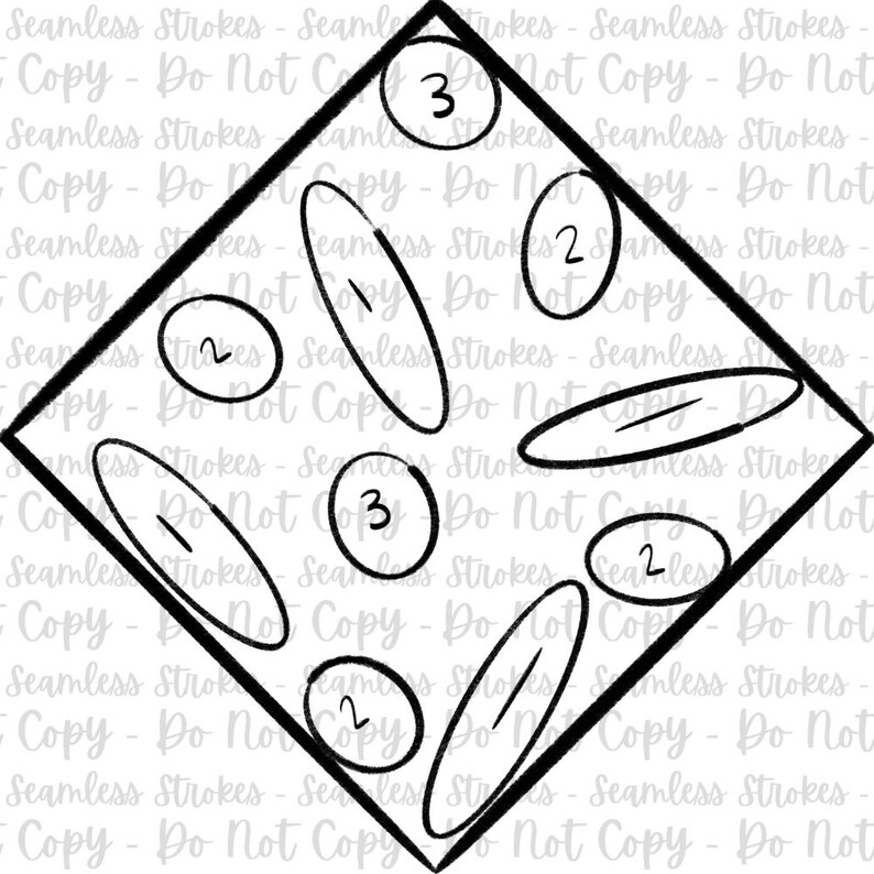 May include: Black and white geometric design featuring a diamond shape with oval shapes inside. Numbers 1, 2, and 3 are inside the ovals. The background text reads "Seamless Strokes - Do Not Copy".
