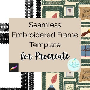 Może przedstawiać: Szablon grafiki cyfrowej dla Procreate z bezszwowymi haftowanymi ramkami. Projekt zawiera różne style ramek, neutralne tło i elementy dekoracyjne, takie jak znaczki pocztowe i paczki dostawy specjalnej.