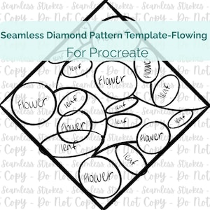 Puede incluir: Plantilla de arte digital en blanco y negro con forma de diamante y un patrón fluido. El diseño incluye las palabras "Flower" y "leaf" dentro de círculos. El texto en la parte superior dice "Seamless Diamond Pattern Template-Flowing For Procreate."