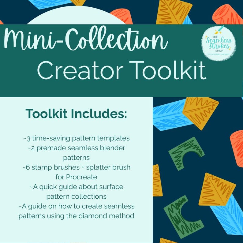Puede incluir: Gr&aacute;fico en verde azulado y blanco con el texto "Mini-Collection Creator Toolkit". El kit de herramientas incluye plantillas de patrones, patrones de mezclador, pinceles de sellos y gu&iacute;as para crear patrones sin costuras. El fondo tiene un patr&oacute;n azul oscuro con formas coloridas.