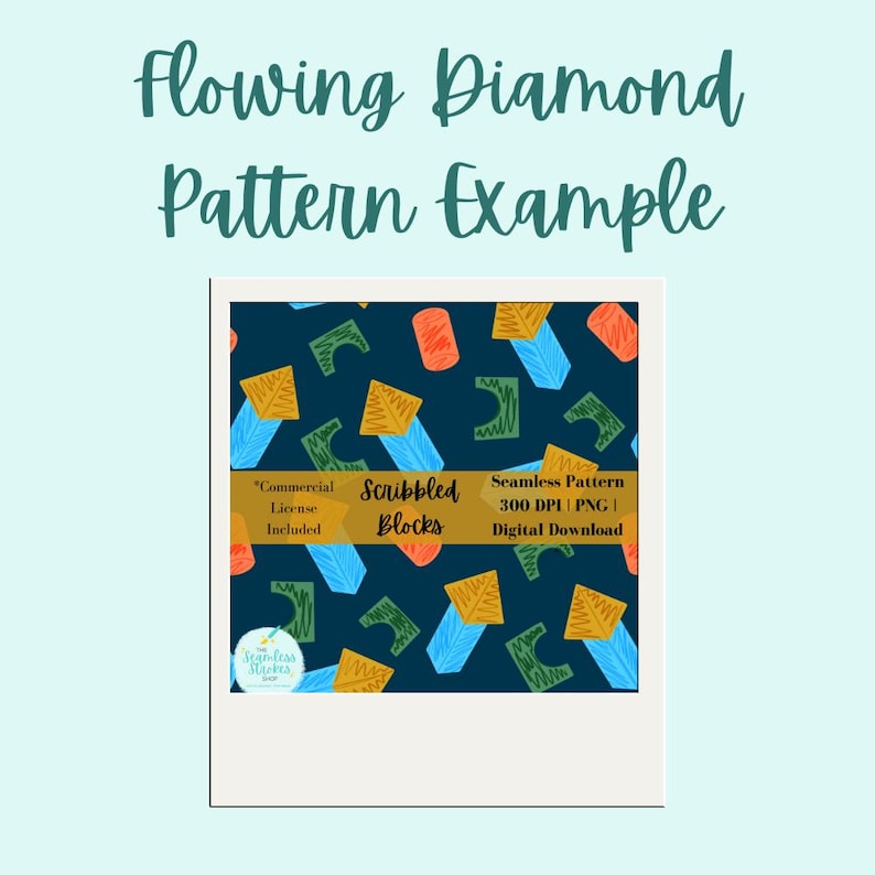 May include: A seamless pattern example with a dark blue background. The pattern features colorful geometric shapes in orange, blue, and yellow. The text "Flowing Diamond Pattern Example" is at the top. The image also includes the text "Scribbled Blocks".