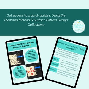Puede incluir: Dos tabletas digitales que muestran gu&iacute;as de dise&ntilde;o. Una tableta muestra "Diamond Method: 4 Steps to Seamless Patterns". La otra tableta muestra "What is a surface pattern design collection?" El fondo es verde azulado con texto blanco: "Get access to 2 quick guides."