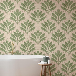 May include: Wallpaper featuring a repeating pattern of sage green stylized leaves arranged in symmetrical fan shapes on a light beige background, accented by delicate dotted lines that form an intricate, interconnected geometric grid.