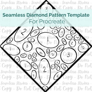 May include: A black and white diamond pattern template for Procreate. The design features a diamond shape filled with various sized ovals and circles, each containing a number. The text "Seamless Diamond Pattern Template For Procreate" is at the top.