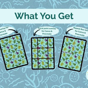 May include: An image with the text "What You Get" at the top. Three digital tablets are displayed, each with a different grid overlay design. The overlays are labeled "Grid overlay," "Focal point overlay," and "Repeat Box tool" for Canva & Procreate.