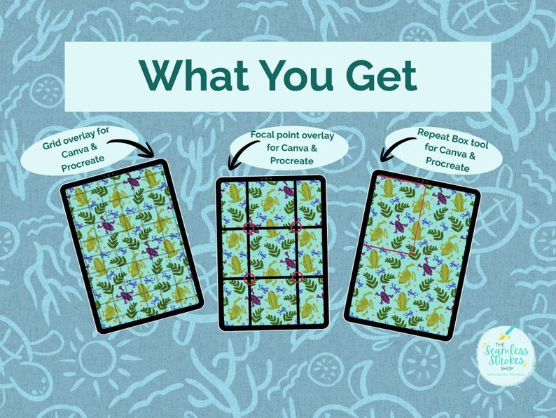 May include: An image with the text "What You Get" at the top. Three digital tablets are displayed, each with a different grid overlay design. The overlays are labeled "Grid overlay," "Focal point overlay," and "Repeat Box tool" for Canva & Procreate.