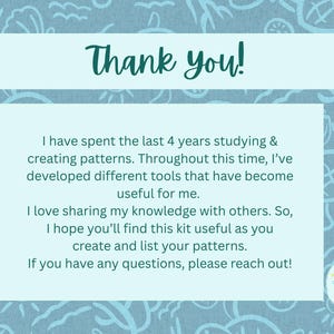 May include: A light blue background with a repeating pattern of sea life. A white rectangle contains the text "Thank you!" in teal script. Below, text describes the creator's experience and offers assistance.
